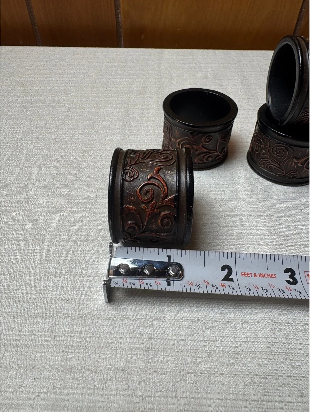 Vintage Set of 4 Embossed Napkin Rings Brown Scroll Floral Rustic Table Decor
